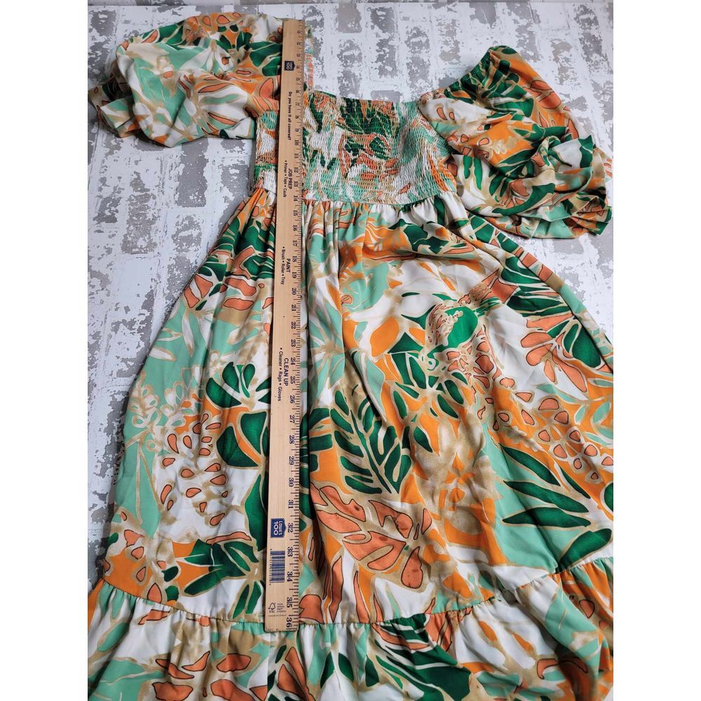 3434 Entro Orange/Green Floral Smocked‎ Midi Dress Puff Sleeves Women's Small - Picture 4 of 6